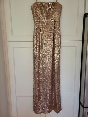 BCBGMaxAzria Strapless Rose Gold Sequin Gown, size 0